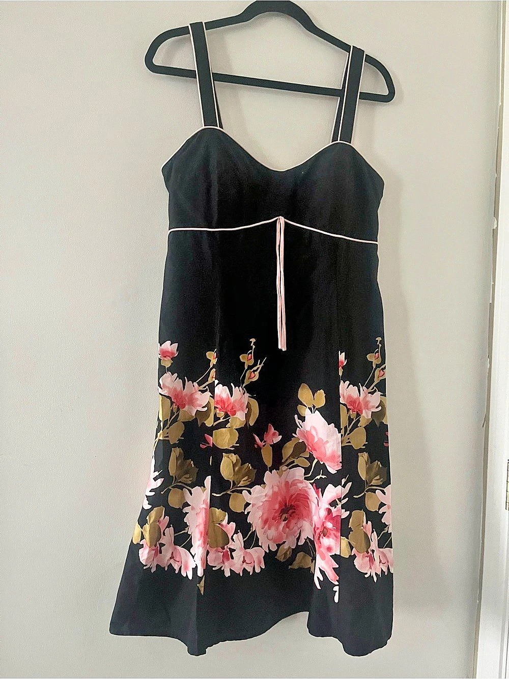 Vintage Y2K Black Pink Floral Print Mini Dress 14 Cotton Feminine Romantic
